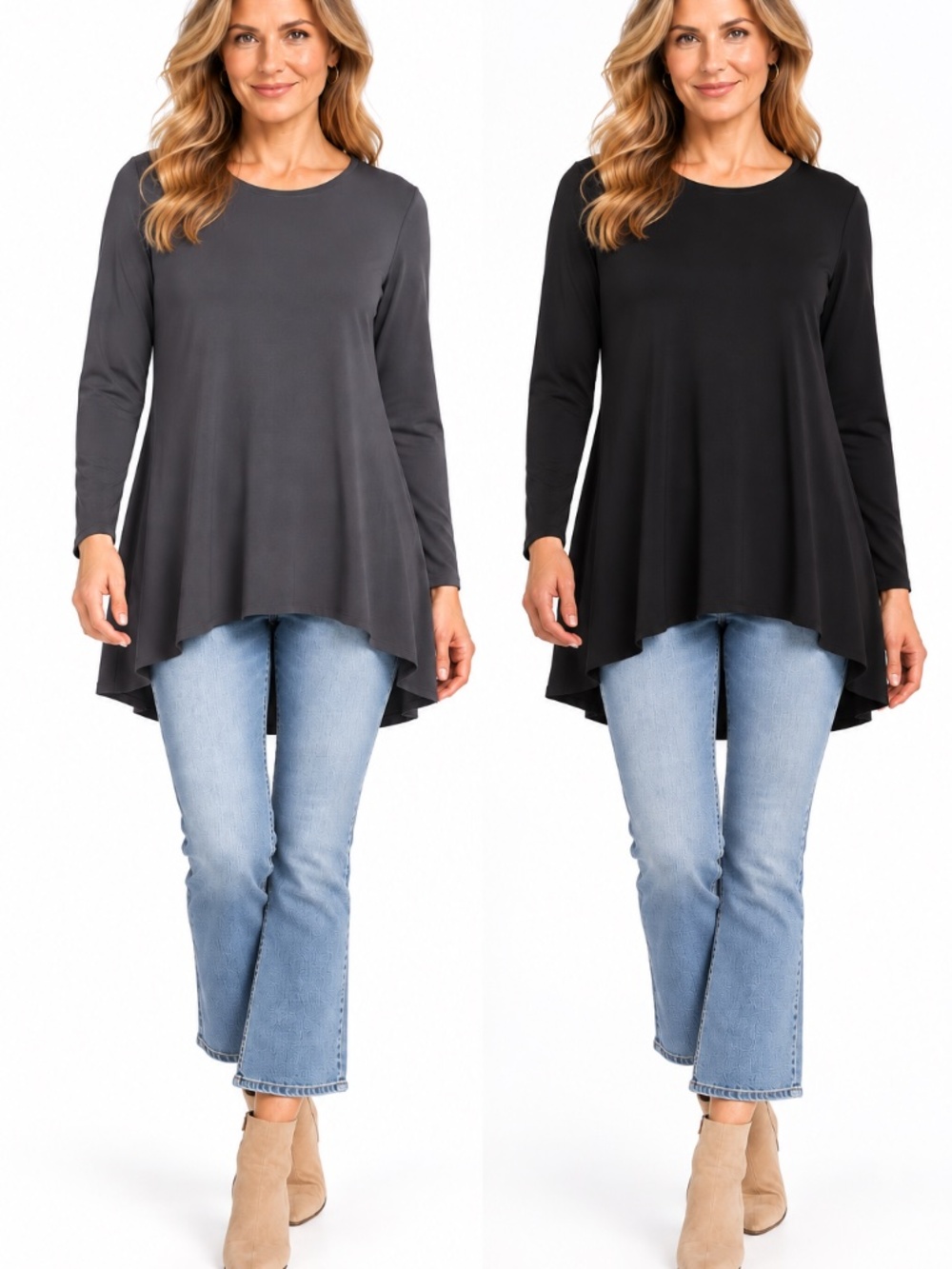 TWO Simpli tunic tops black 12 grey 10 asymmetric hem hi/low stretch lagenlook